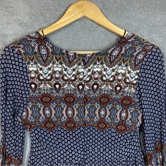 Anna Grace Dress Small Blue Boho Western Print Rayon Long Sleeve Lined - Picture 6 of 13